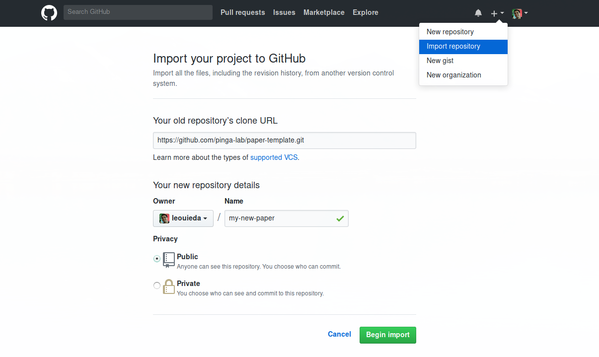 Screenshot of the GitHub page for importing code from an existing repository.