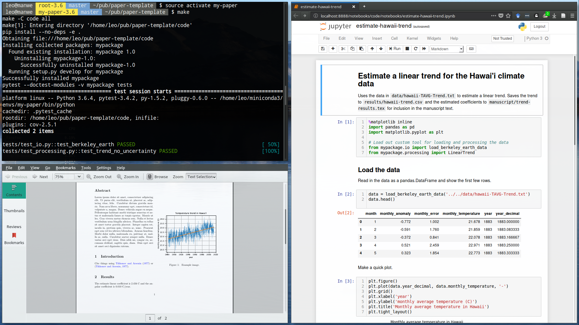 Screenshot of running "make" in the paper-template with the final paper PDF and a Jupyter notebook.