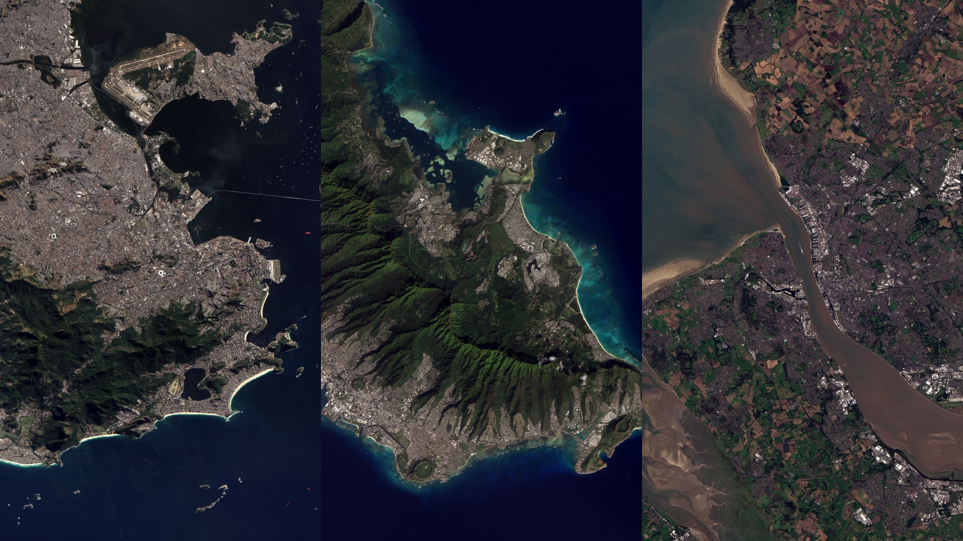 Satellite photo with 3 panels: left is a city with mountains and beaches at the South, middle is a slice of an island with green mountains at the center, right is a brown river delta leading to a murky sea with a city.