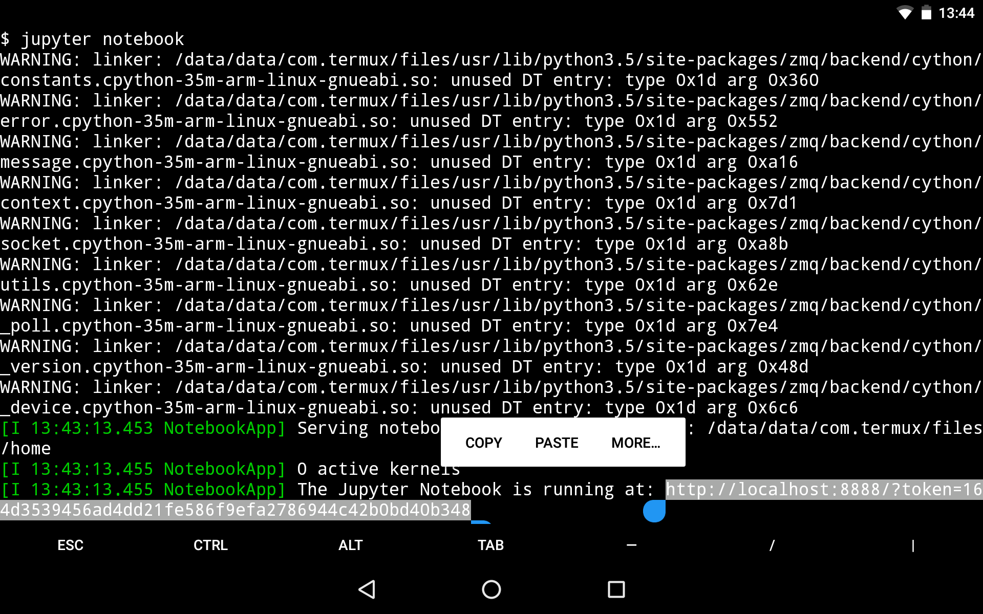 Jupyter notebook server running inside Termux