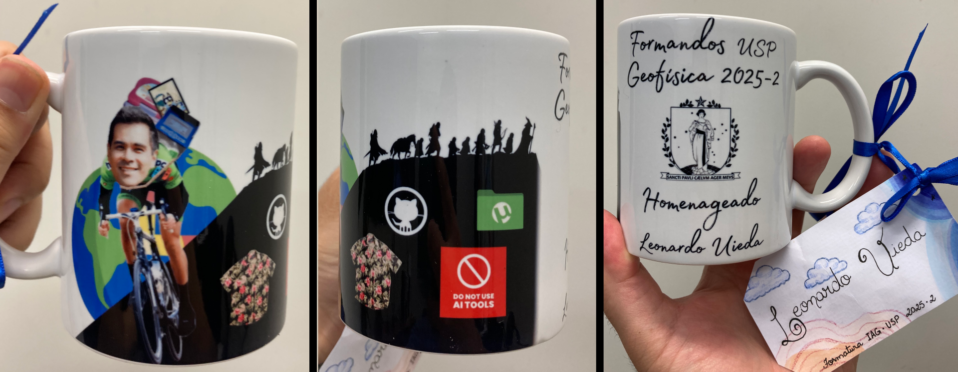 Three pictures of a white mug with a montage of me riding a bike, lord of the rings, a no AI sticker, and my name.