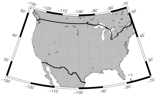 Map of the coastlines of North America