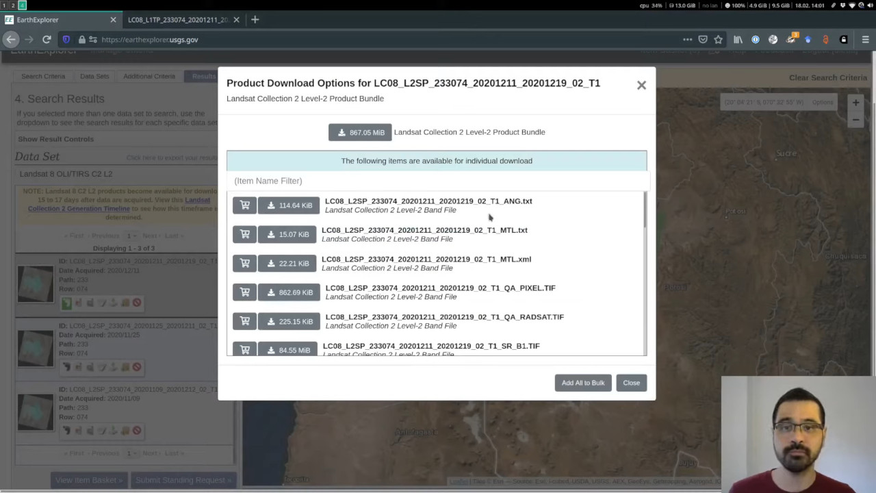 Screenshot from the YouTub video on how to download Landsat scenes from EarthExplorer showing my at the bottom right corner and the website with a download window open.