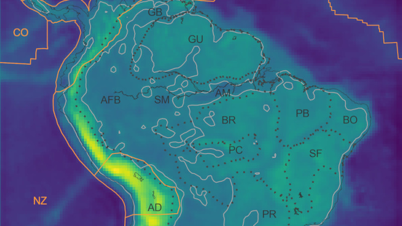 Map of northern South American with green to yellow color gradient showing mostly yellows in the west, going through greens and finally blues in the ocean