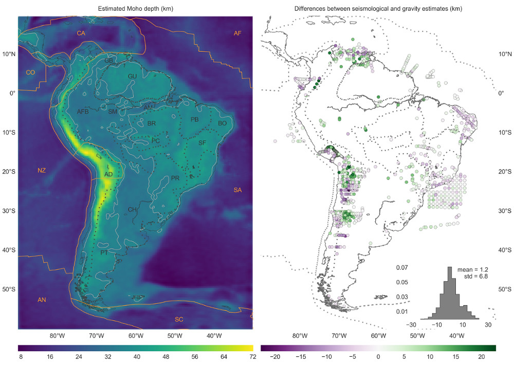 Estimated depth to the crust-mantle interface (Moho) from satellite measurements of gravity disturbances.