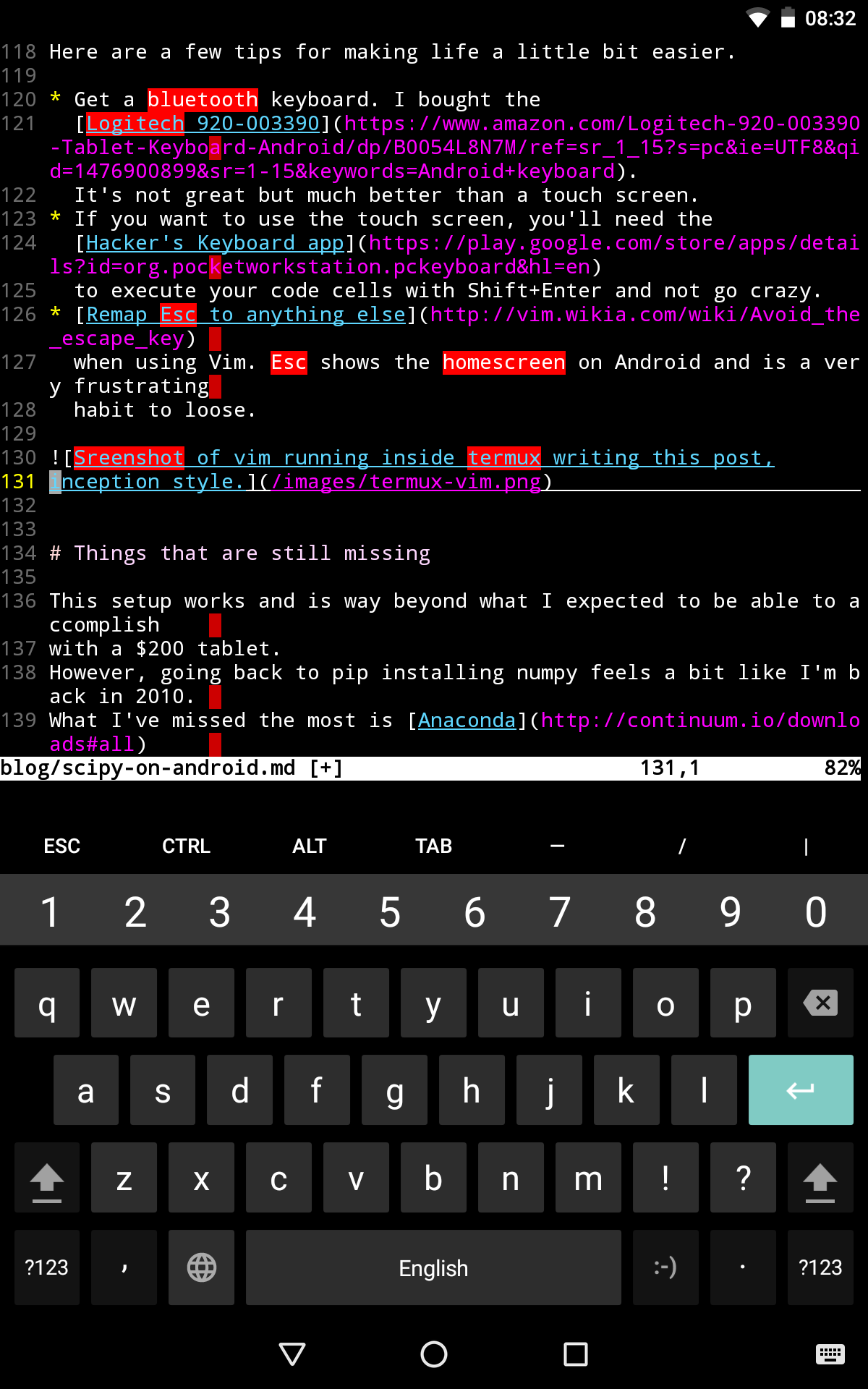 Sreenshot of vim running inside termux writing this post, inception style.