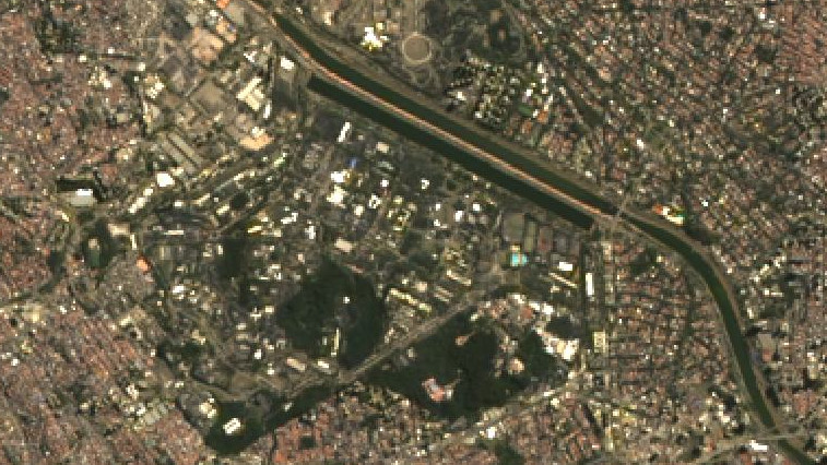 Satellite image of the USP campus with a lot of green areas and a river running next to it.